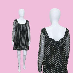 1990s ANNA SUI Long Sleeve Black and Beige Polka Dot  Semi Sheer Sleeve Mod Styl